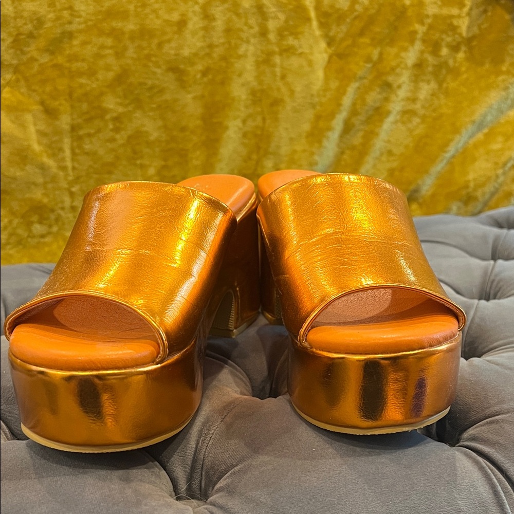 Anthropologie Metallic Orange Platform Slide Sandals